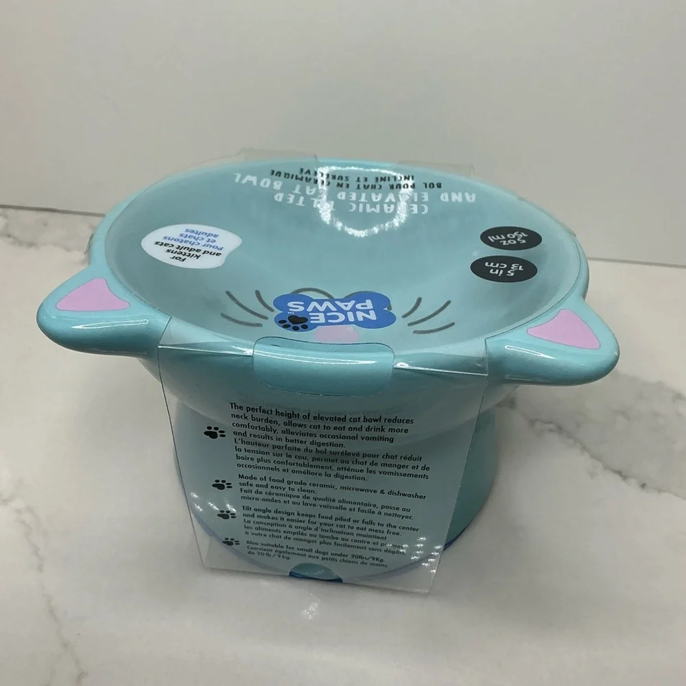 Teal Cat Ceramic Pet Bowl - Cute Heart Nose Design Elevated new